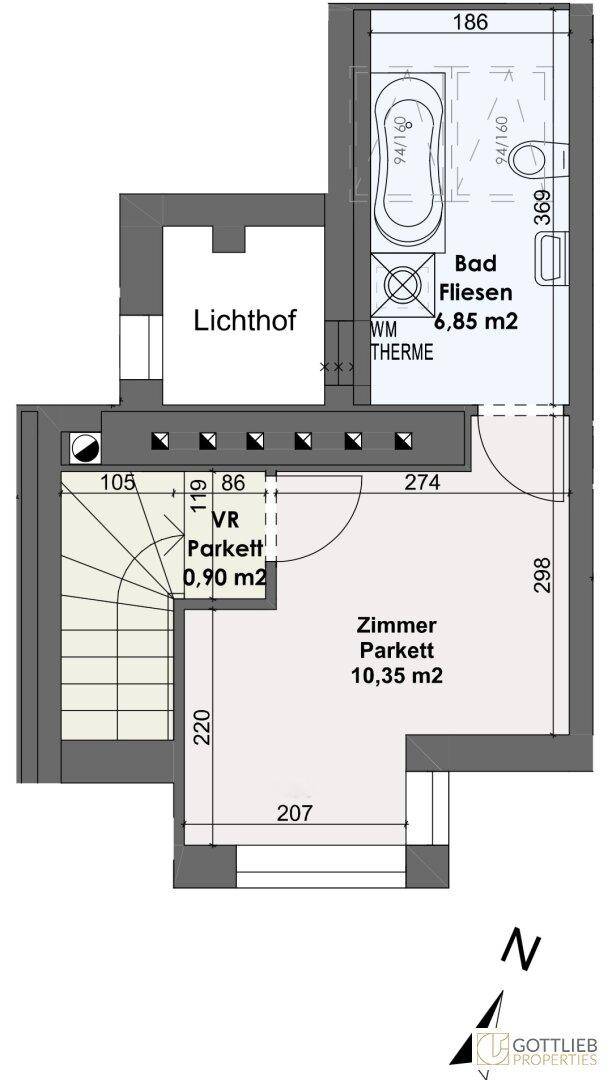 Grundriss der oberen Ebene mit Schlafzimmer, Badezimmer und Zugang über die Treppe.