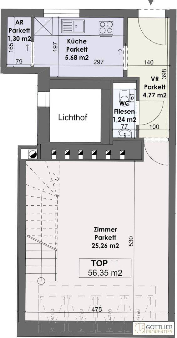 Grundriss der unteren Ebene mit Küche, WC und offenem Wohnbereich mit Treppe.