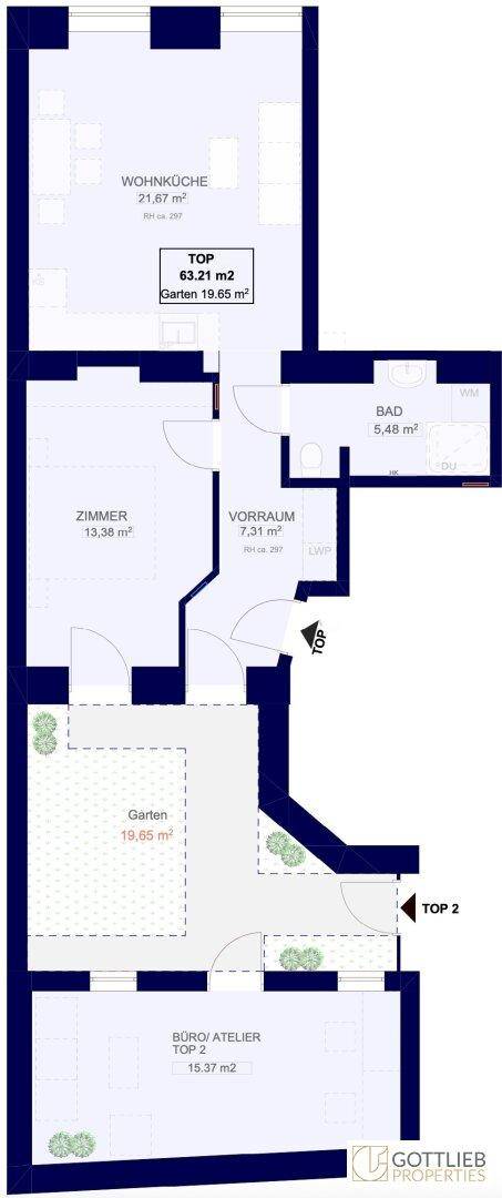 Grundriss einer Wohnung mit offener Wohnküche, einem Zimmer, Bad und Zugang zu einem privaten Garten.