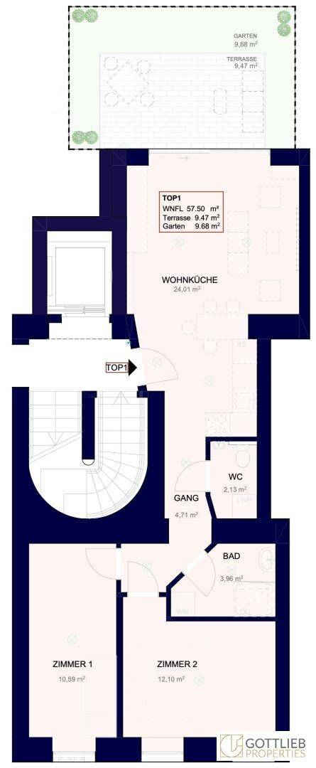 Grundriss zeigt eine Wohnung mit Wohnküche, zwei Zimmern, Bad, WC, Terrasse und Garten.