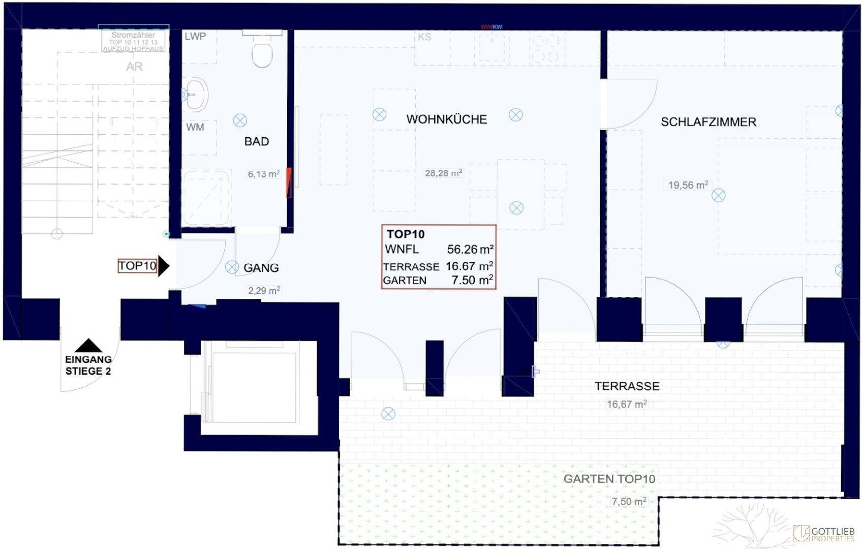 Grundriss der Wohnung TOP10 mit Wohnküche, Schlafzimmer, Bad, Terrasse und Gartenanteil.