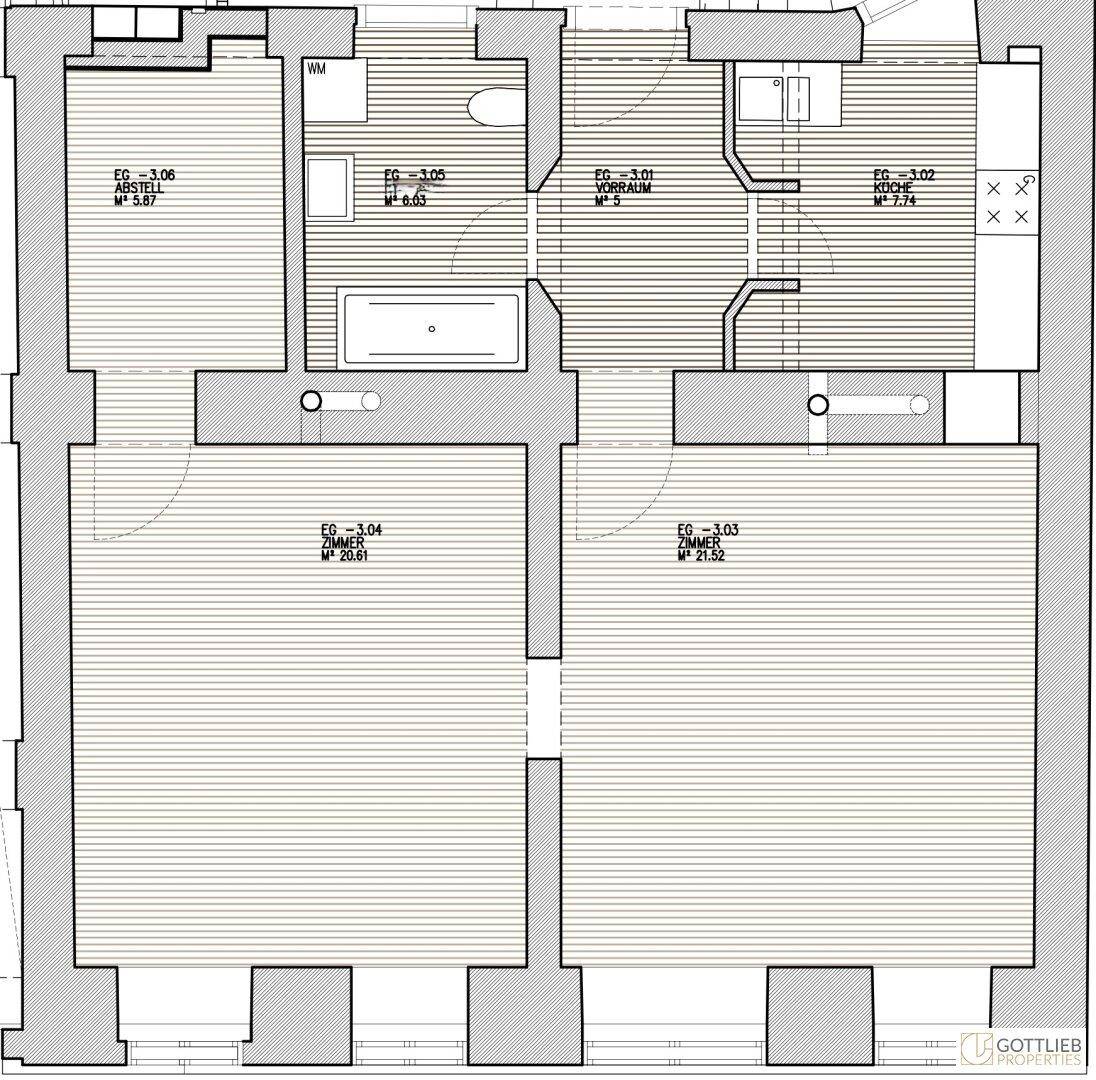 Grundriss einer Wohnung im Erdgeschoss mit mehreren Räumen und einer Badewanne.