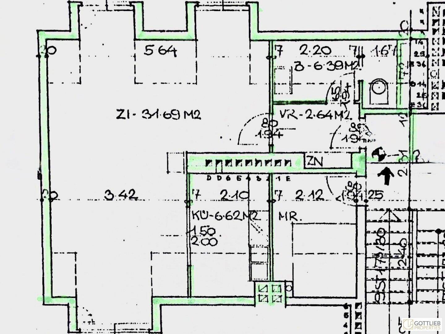 Detaillierter Grundriss mit Raumaufteilung und Flächenangaben für eine Wohnung.