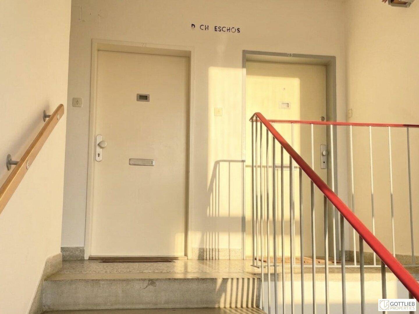 Treppenhaus mit rotem Geländer und zwei Wohnungstüren auf einer Etage.