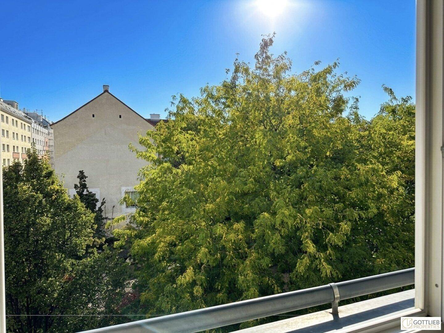 Sonniger Ausblick vom Balkon auf grüne Bäume und die umliegenden Gebäude der Stadt.