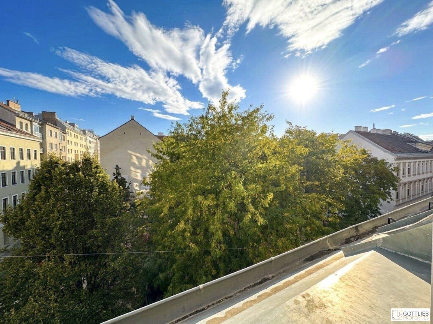 Sonniger Ausblick vom Balkon auf die Dächer der Stadt und grüne Bäume unter blauem Himmel.