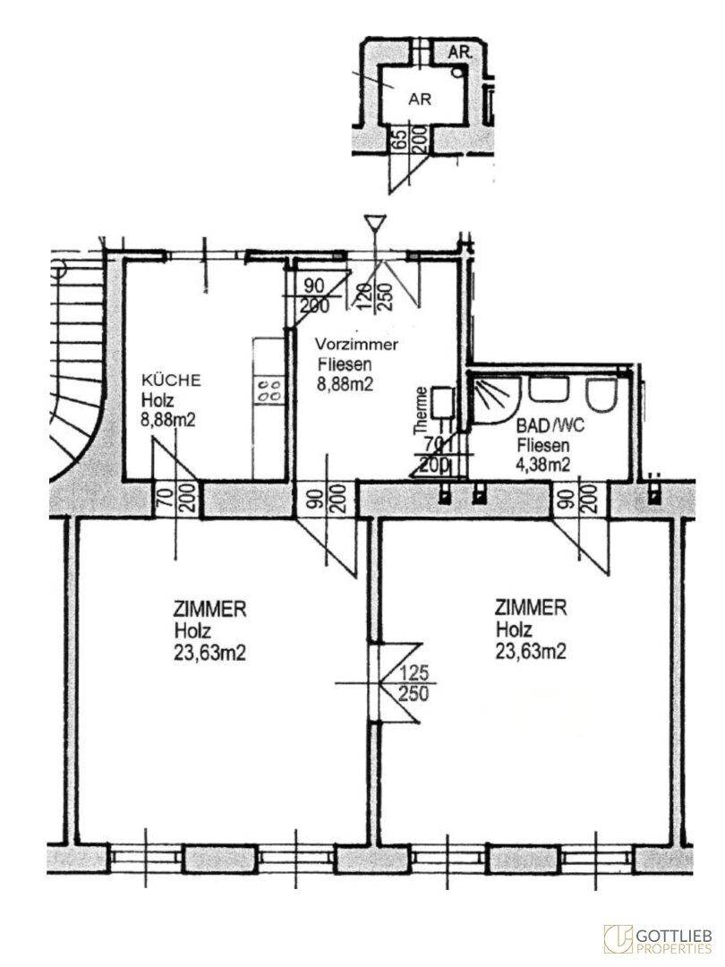 Grundrissplan zeigt eine Küche, Bad/WC, Vorzimmer und zwei Zimmer mit Flächenangaben.