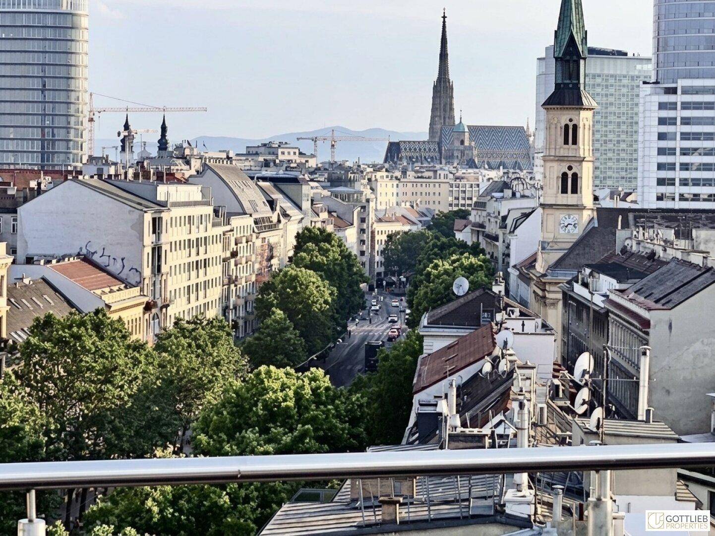 Panoramablick über die Stadt mit historischen Gebäuden, modernen Türmen und viel Grün.