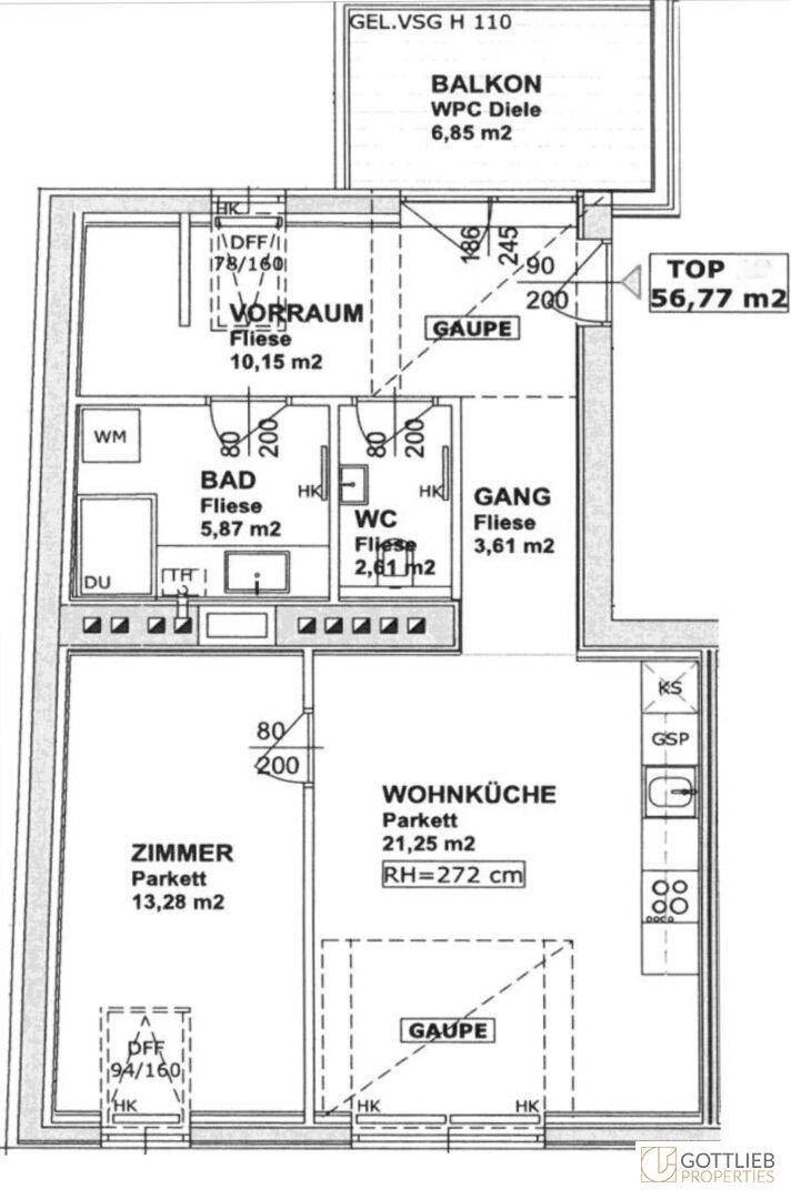 Grundriss einer Wohnung mit Wohnküche, Zimmer, Bad, WC und Balkon.