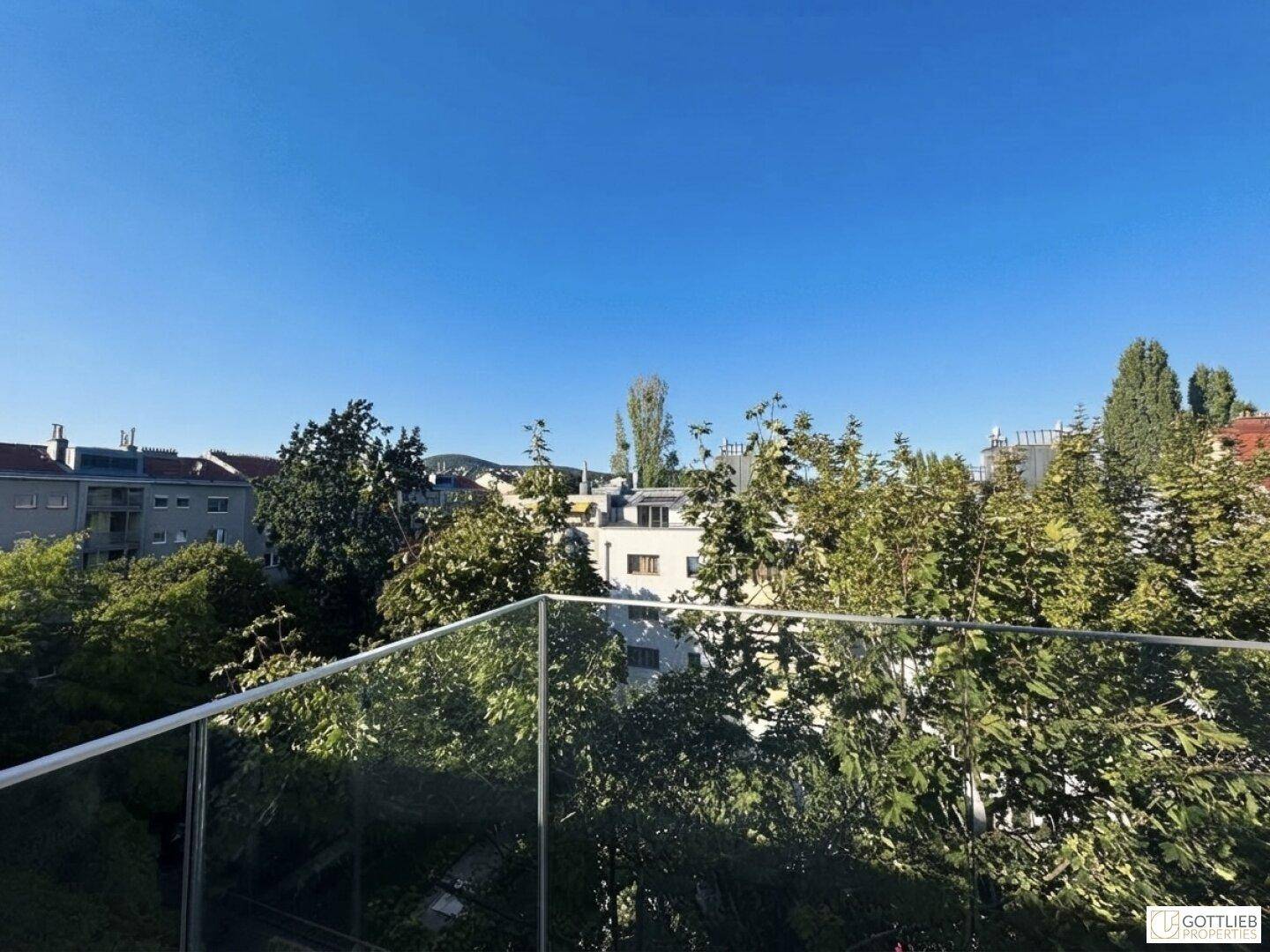 Weitläufiger Blick vom Balkon über grüne Bäume und die umliegende Stadtlandschaft.