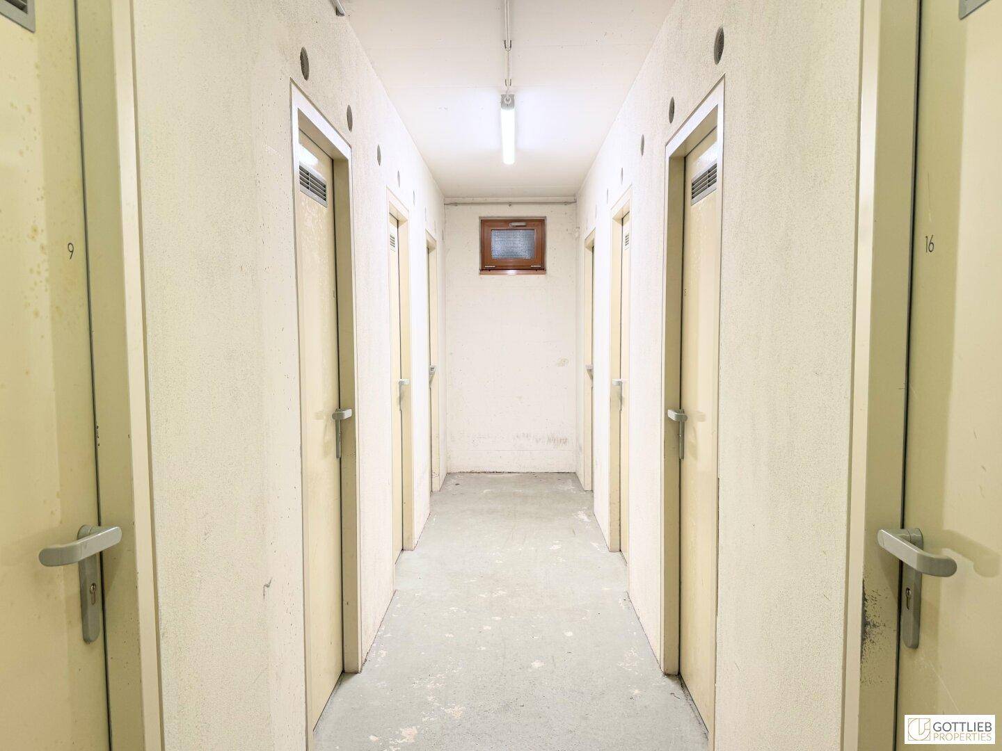 Langer Flur im Kellerbereich mit mehreren Türen zu Abstellräumen und kleinem Fenster.