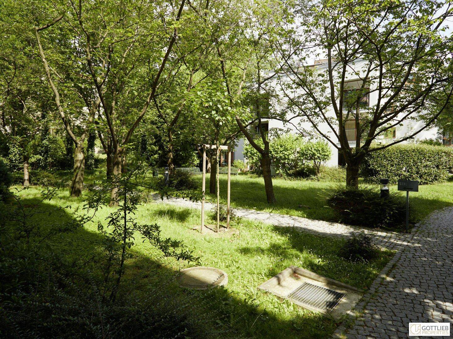 Sonniger Gartenbereich mit altem Baumbestand und einem gepflasterten Weg durch die Grünfläche.