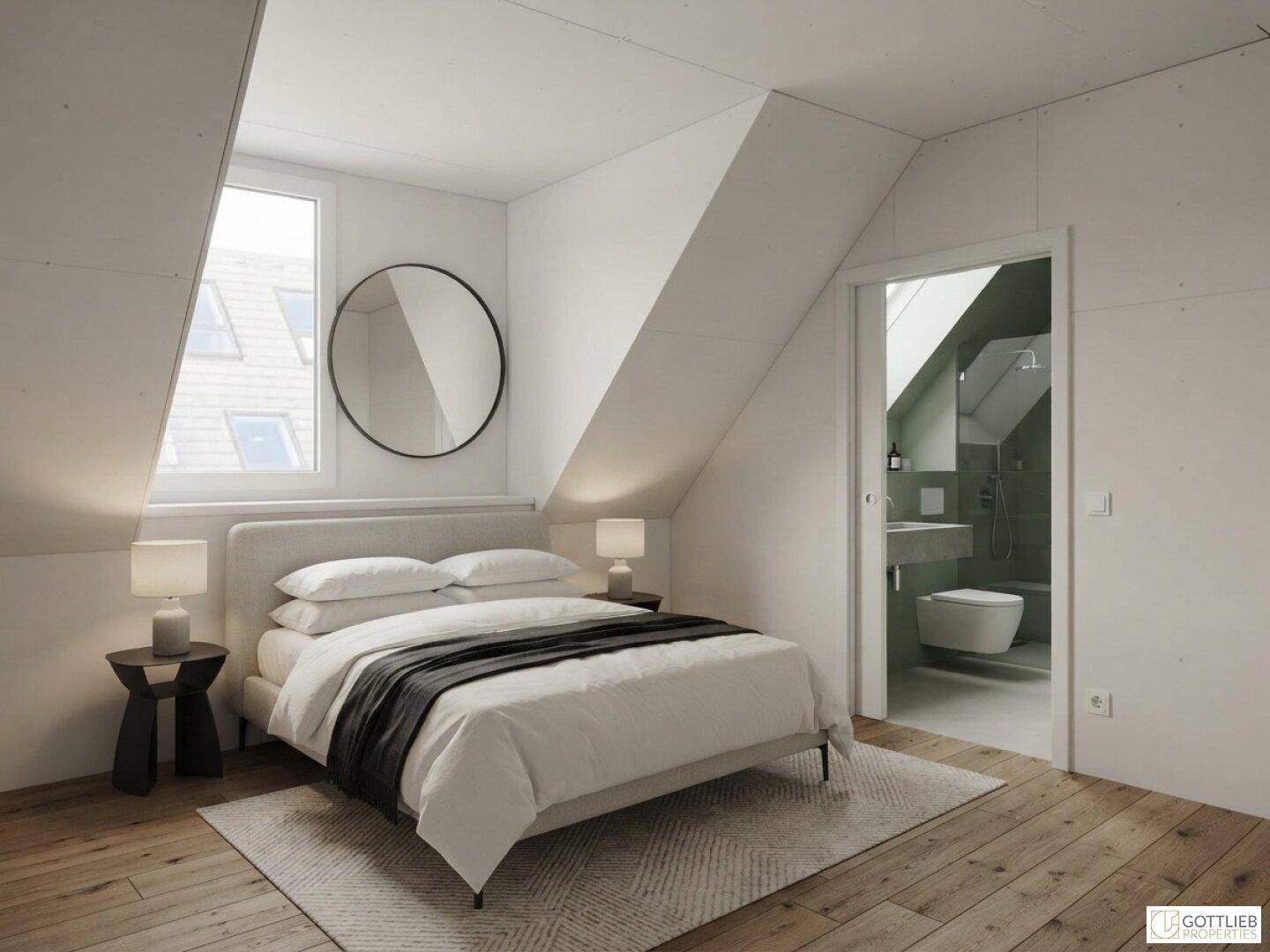 Modernes Schlafzimmer im Dachgeschoss mit Holzboden, runden Spiegel und Zugang zum Badezimmer.