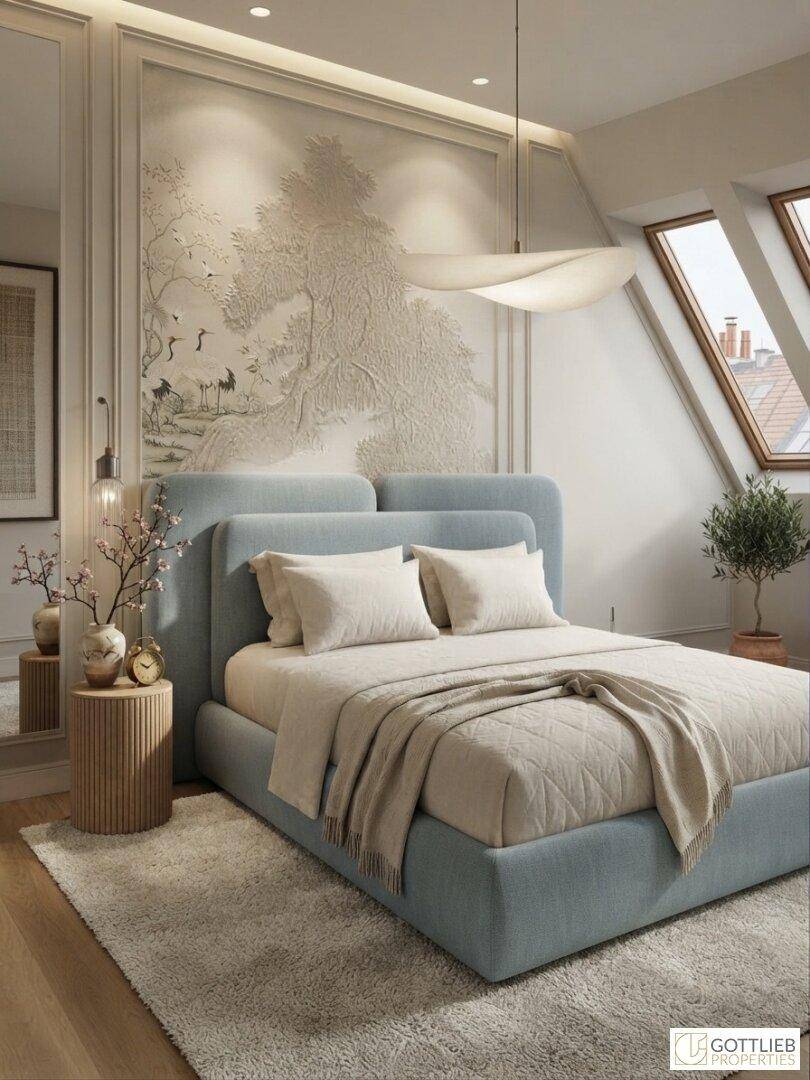 Elegantes Schlafzimmer im Dachgeschoss mit dekorativer Wandgestaltung, großem Bett und Dachfenstern.