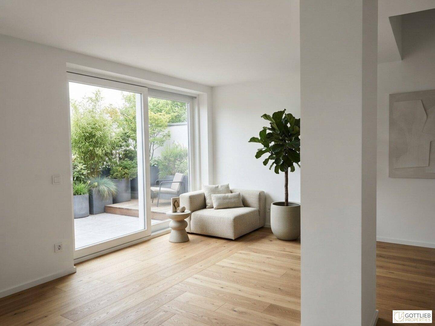 Gemütliche Sitzecke im Wohnzimmer mit Holzboden und direktem Zugang zu einer bepflanzten Terrasse.