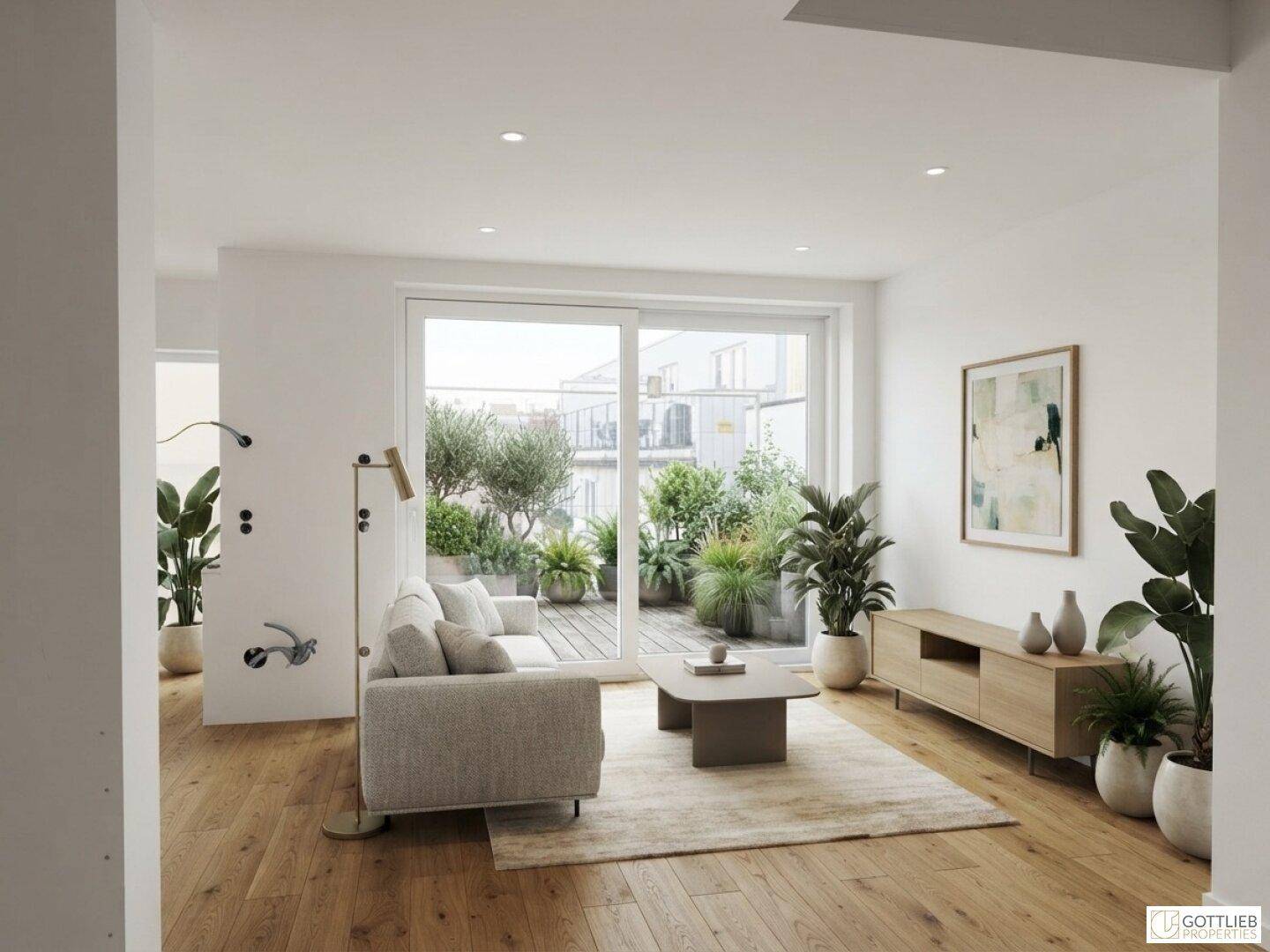 Lichtdurchfluteter Wohnbereich mit Holzboden, bequemen Sofas und Blick auf eine begrünte Dachterrasse.