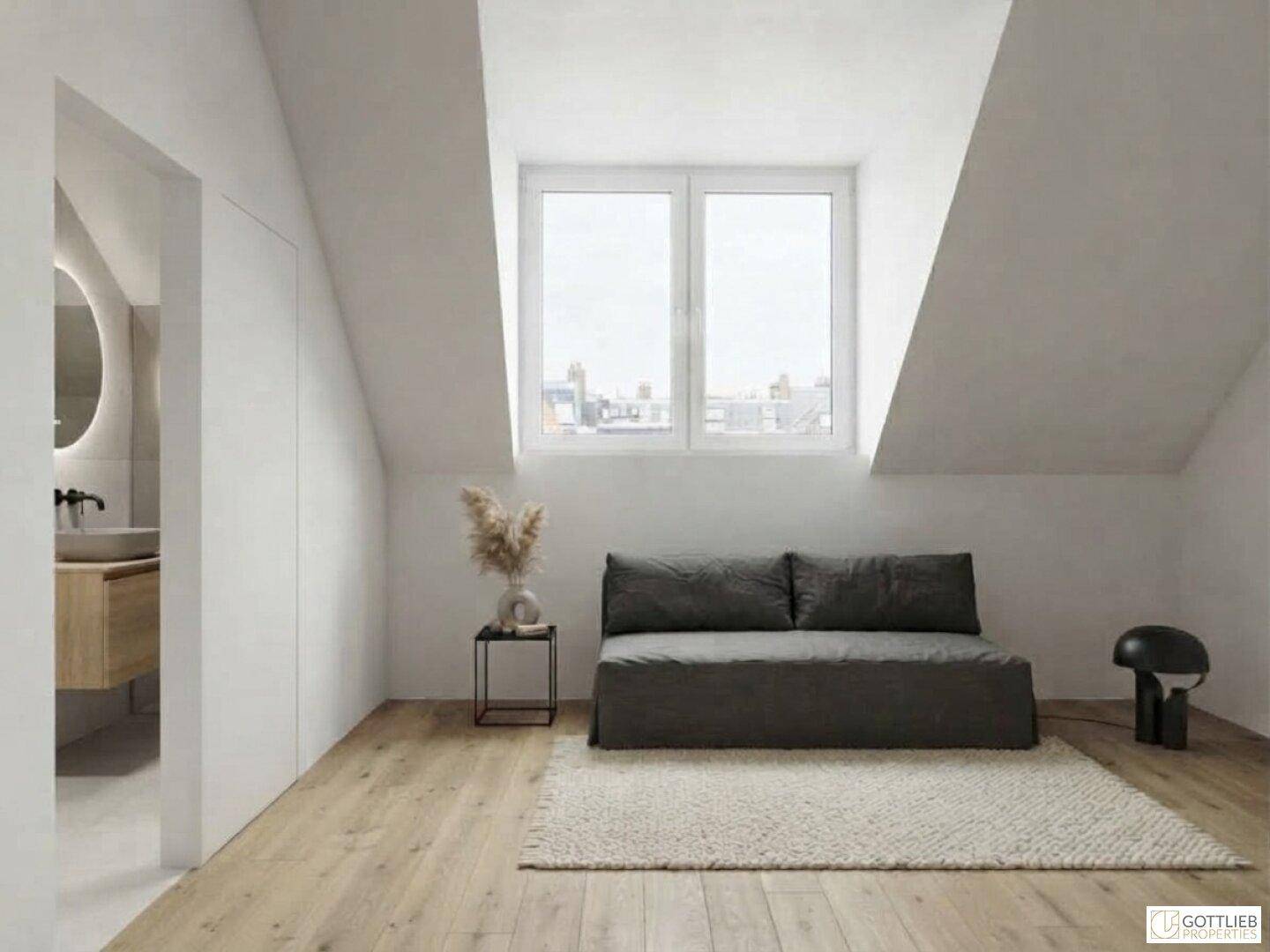 Helles Zimmer im Dachgeschoss mit Holzboden, Schrägdach und Fenster mit Stadtblick.