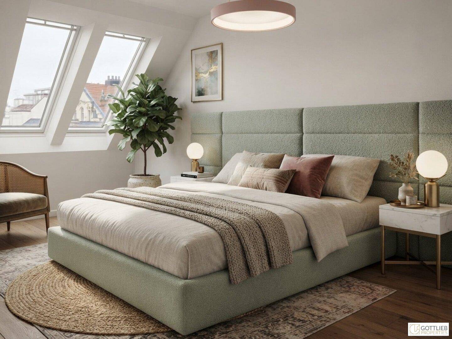 Helles Schlafzimmer im Dachgeschoss mit großem Bett, grüner Kopfstütze und Dachfenstern.