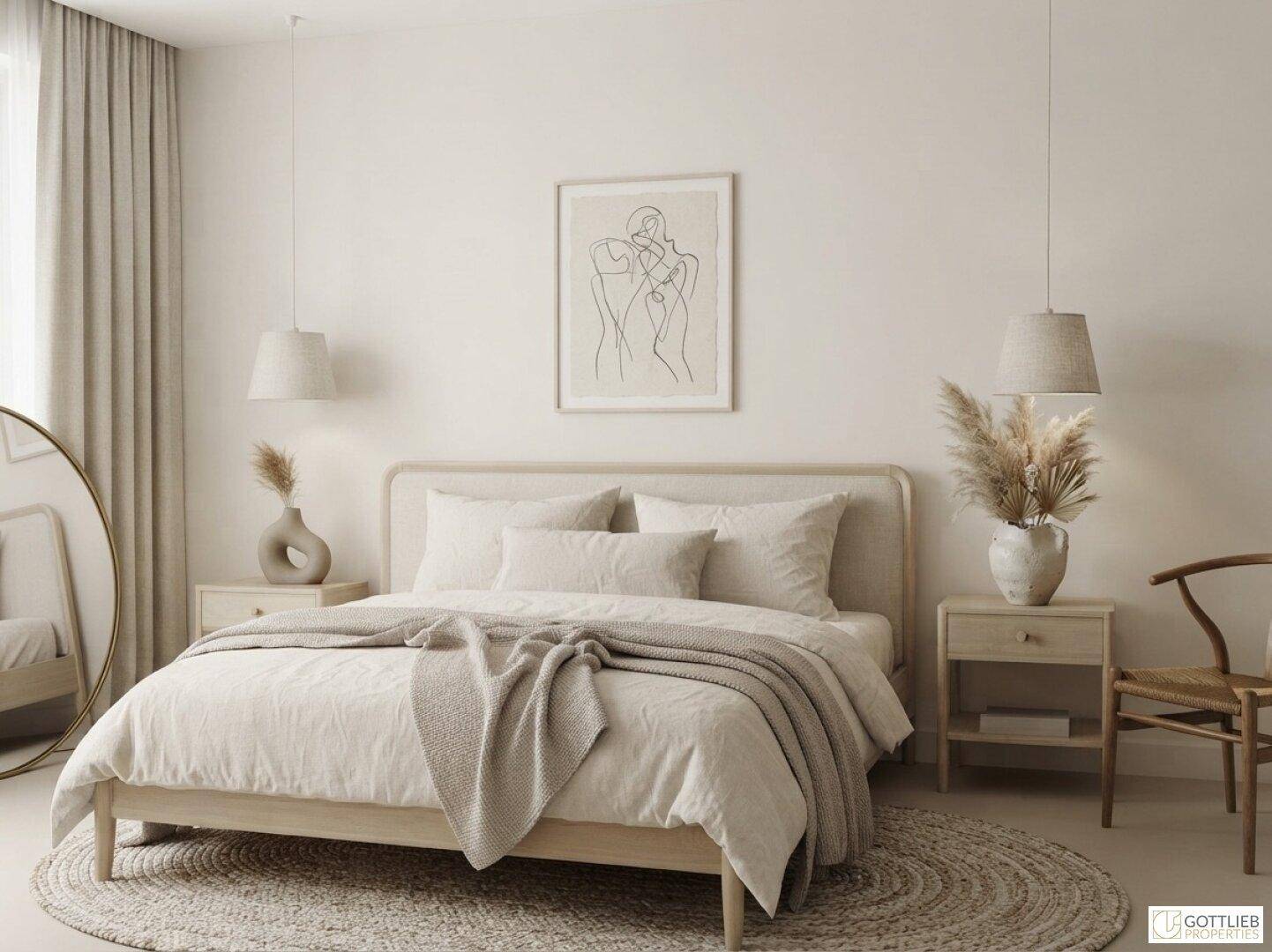 Helles Schlafzimmer in neutralen Farbtönen mit Doppelbett und minimalistischer Dekoration.