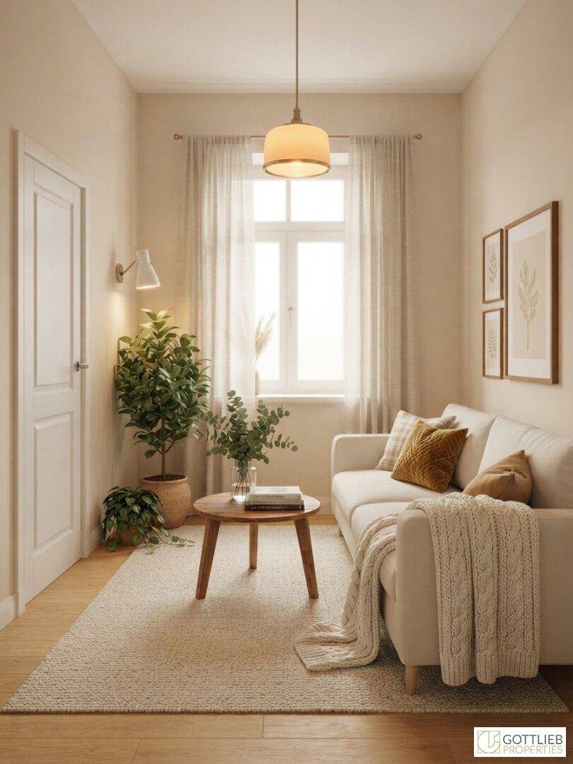 Gemütliches Wohnzimmer mit hellem Sofa, Holztisch und Pflanzen, gut beleuchtet durch ein Fenster.