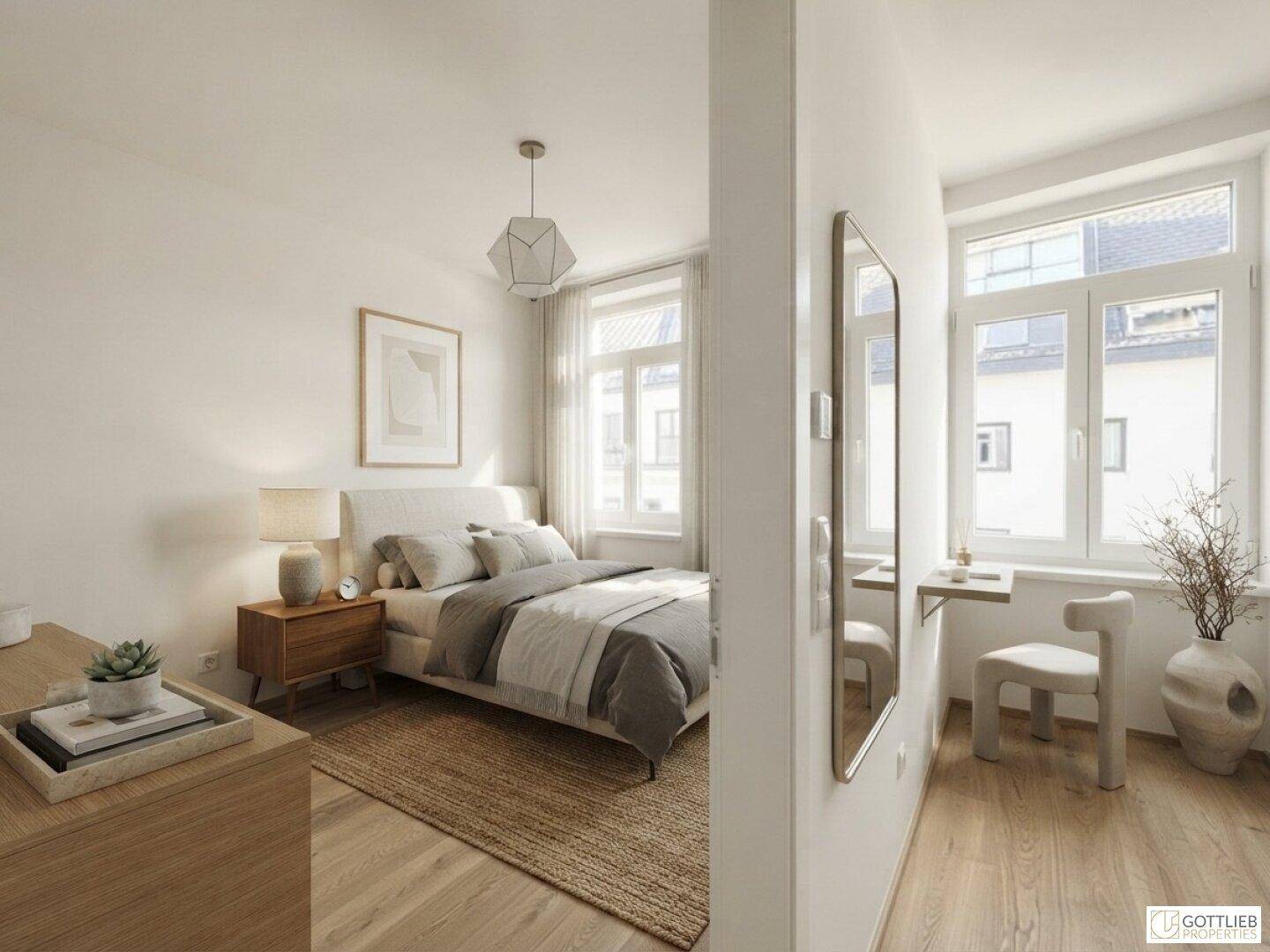 Helles Schlafzimmer mit Doppelbett, Holzboden und Blick auf die umliegenden Gebäude.