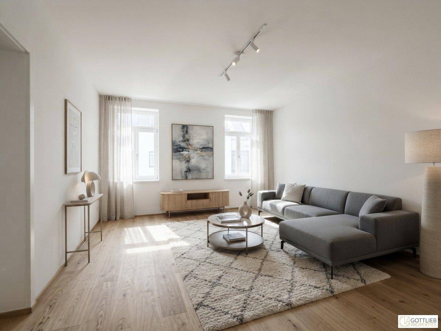 Geräumiges Wohnzimmer mit großem Ecksofa, Holzboden und viel Tageslicht durch die großen Fenster.