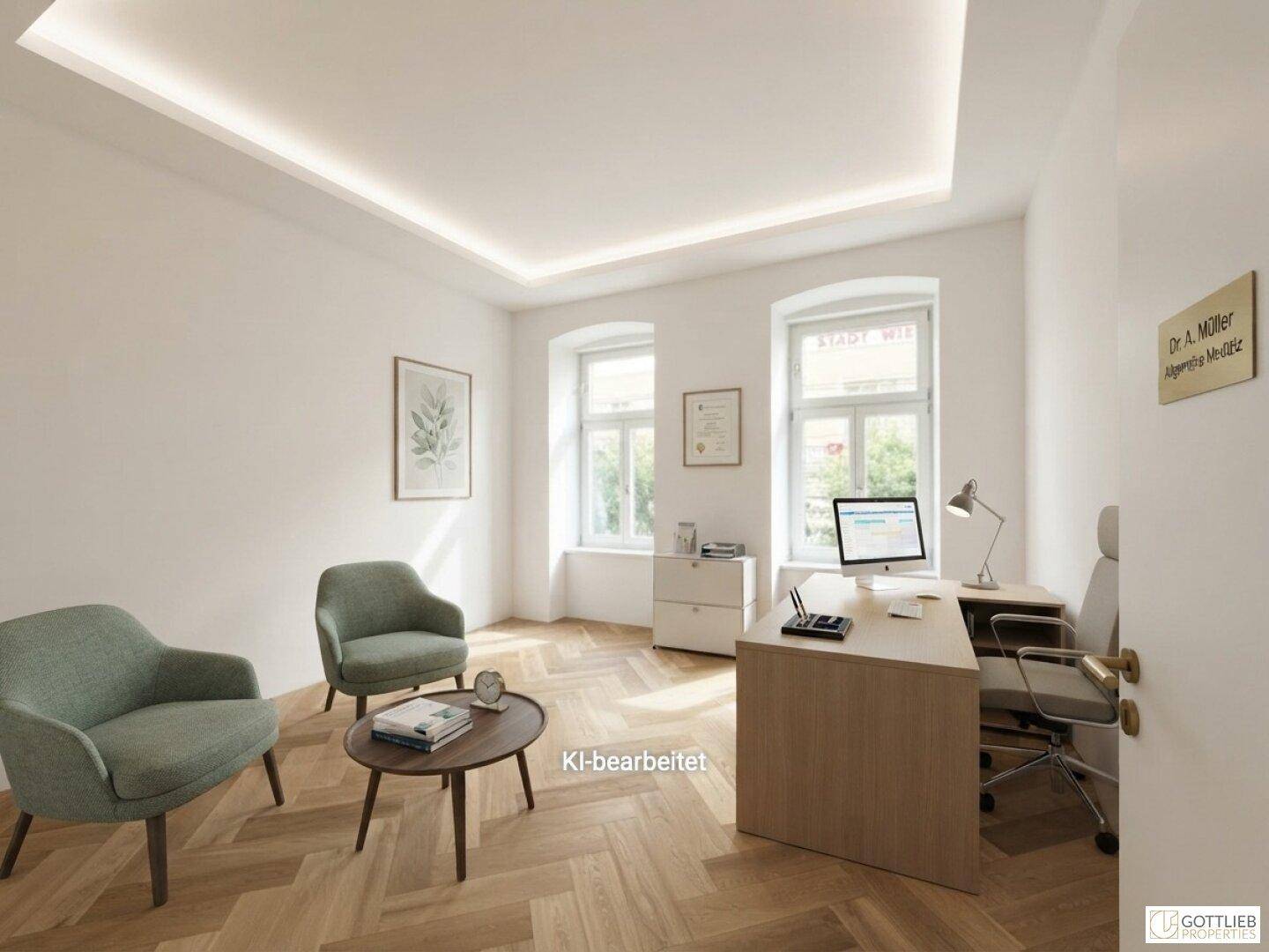 Helles Büro mit Fischgrätparkett, zwei Fenstern und moderner Einrichtung, ideal für eine Arztpraxis oder Kanzlei.