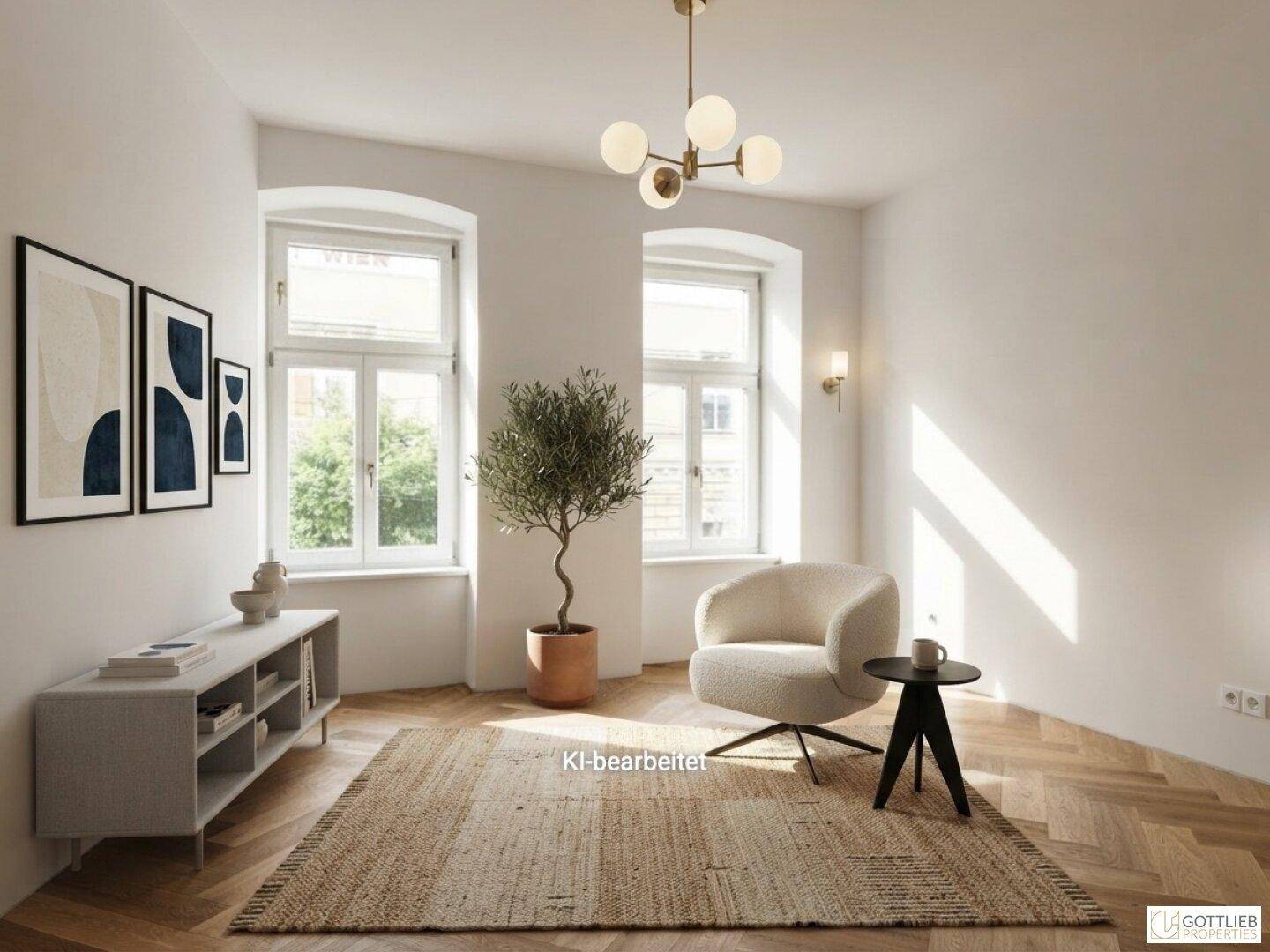 Helles Wohnzimmer mit Fischgrätparkett, moderner Einrichtung und großen Fenstern, lichtdurchflutet.