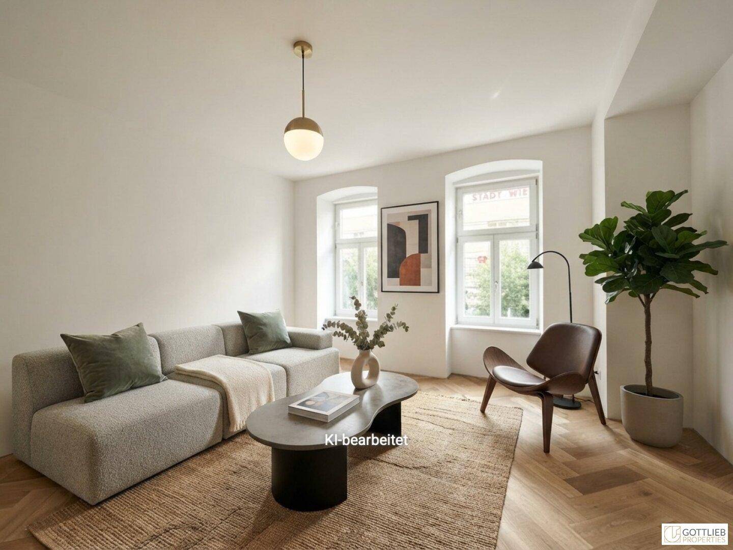 Gemütliches Wohnzimmer mit Sofa, Couchtisch und Pflanzen, hell und modern eingerichtet, zum Wohlfühlen.