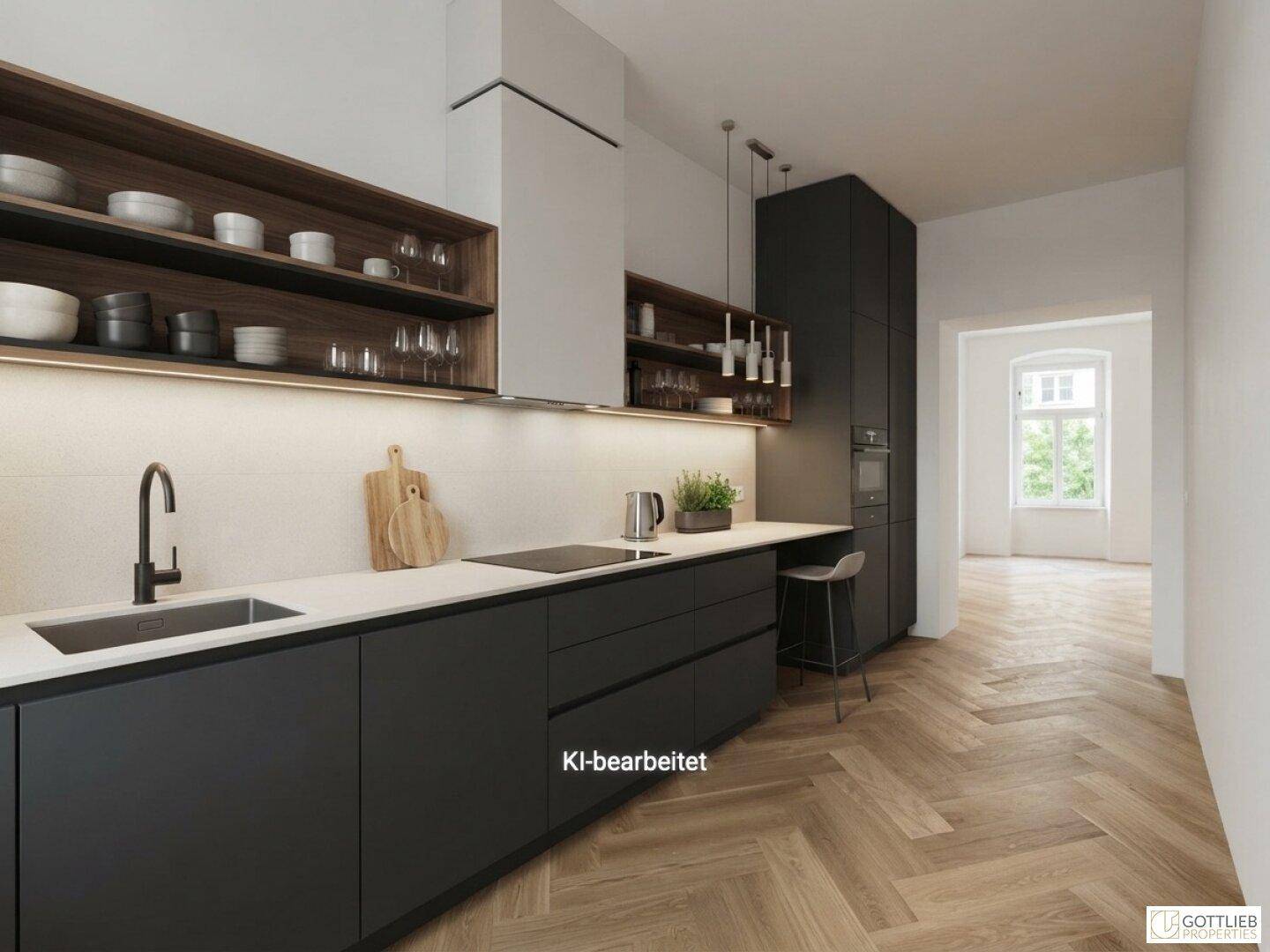 Moderne Küche mit dunklen Schränken, Holzregalen und integrierten Geräten, stilvoll und funktional.