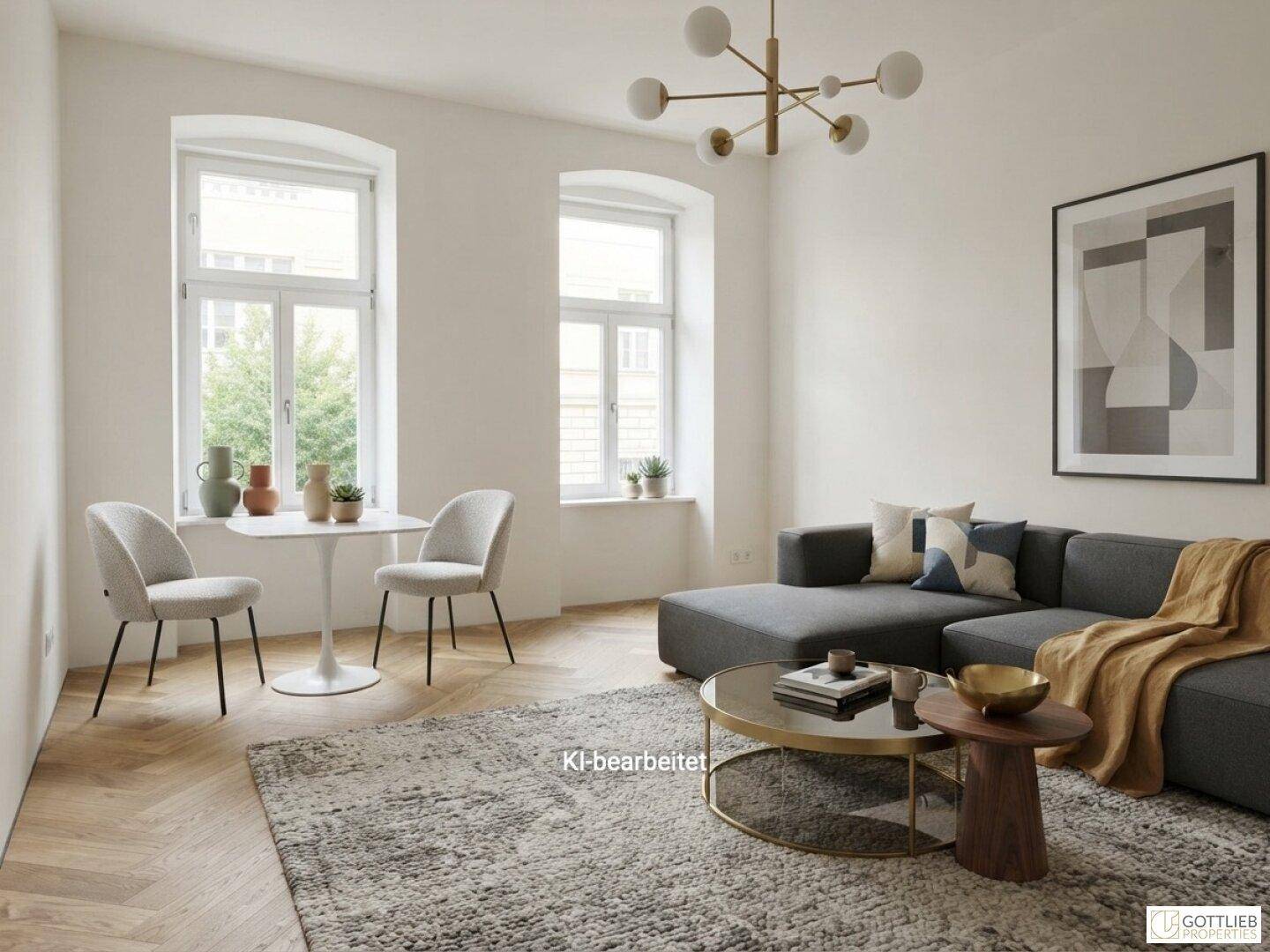 Helles Wohn- und Esszimmer mit modernem Sofa, Esstisch und Fischgrätparkettboden.