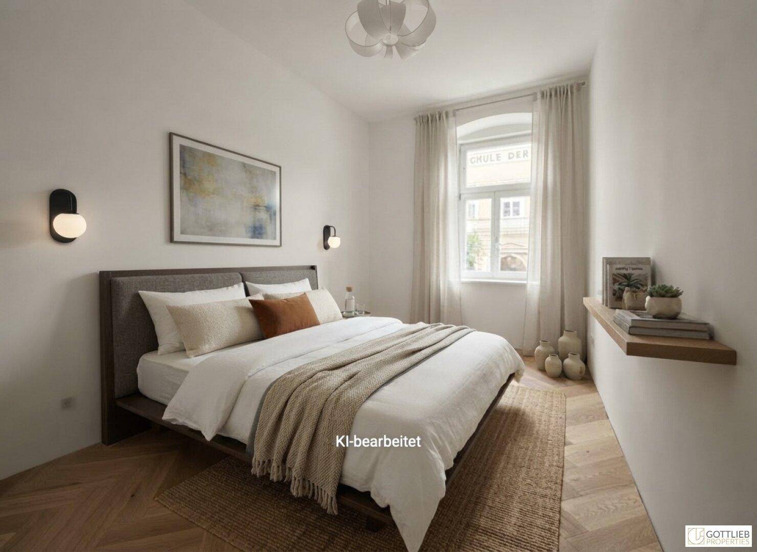 Ruhiges Schlafzimmer mit komfortablem Bett, schwebendem Regal und natürlichem Lichteinfall.
