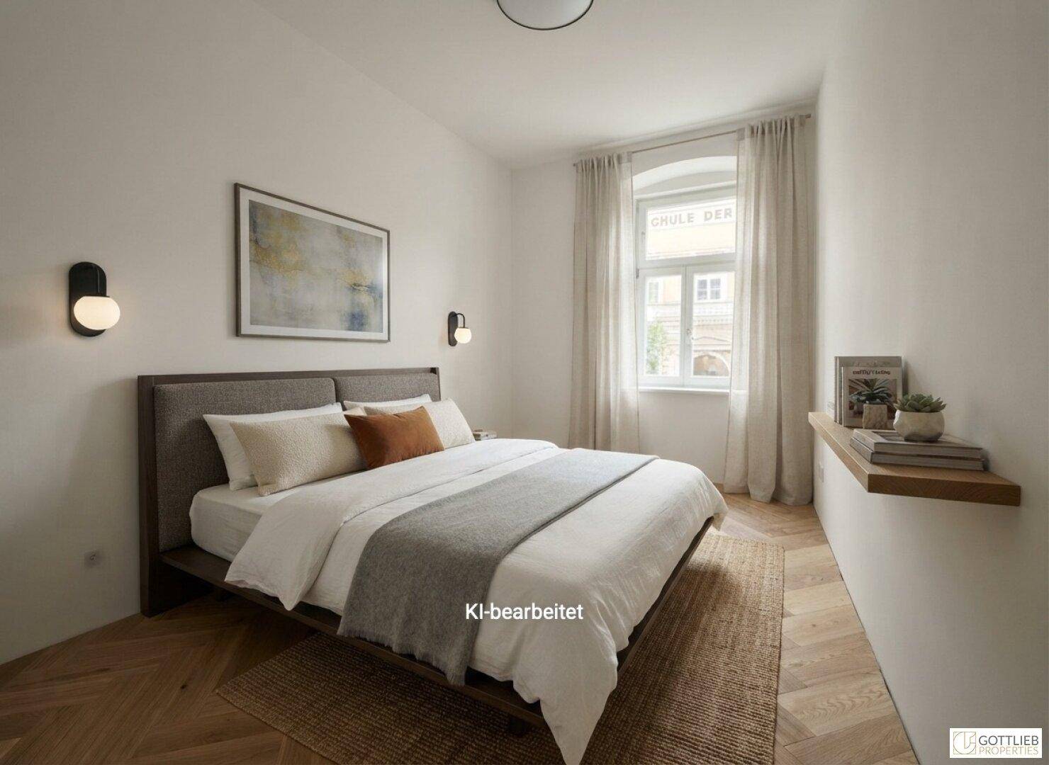 Ruhiges Schlafzimmer mit Doppelbett, schwebendem Regal und Fenster mit Vorhängen.