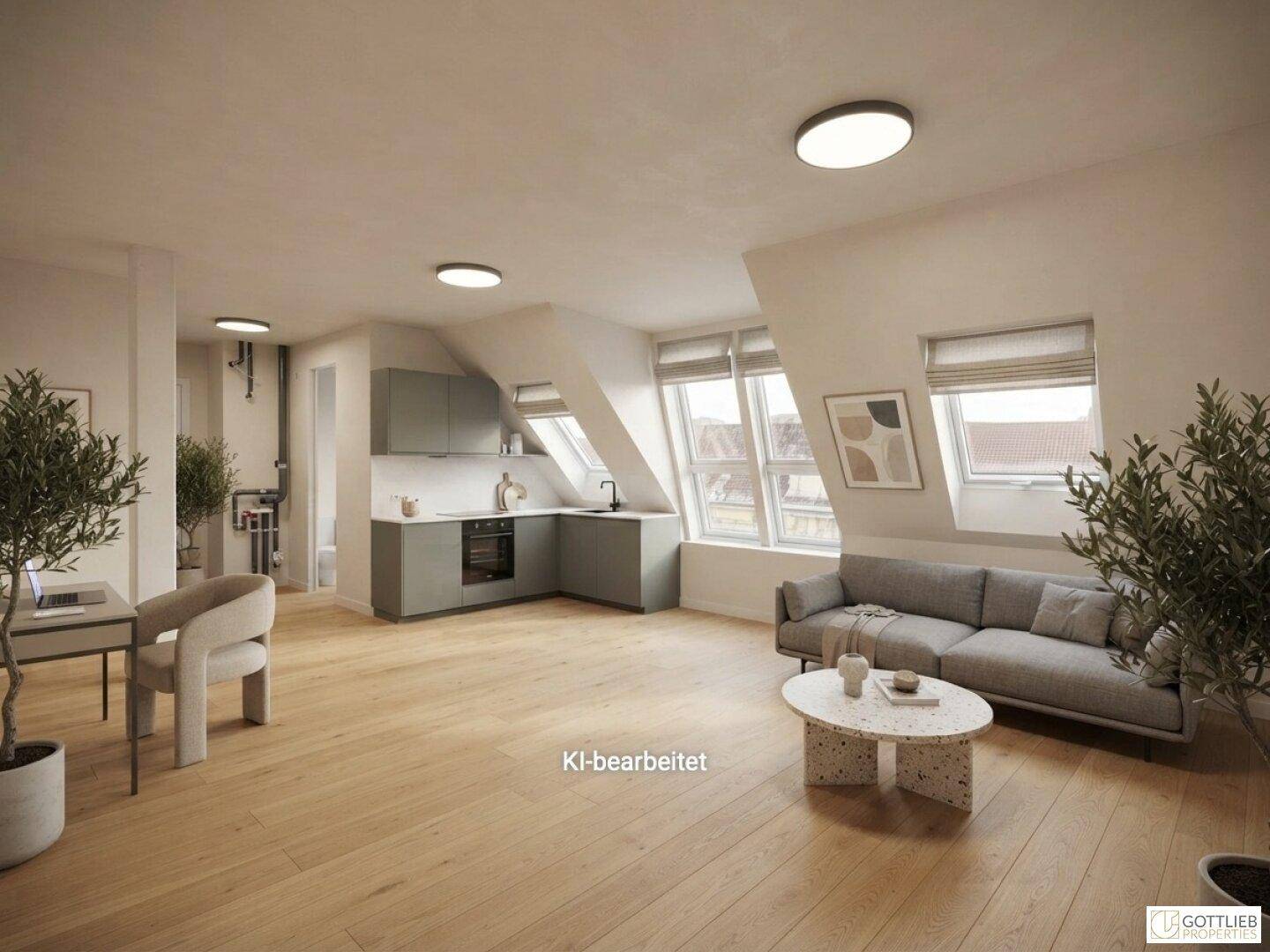 Heller offener Wohnbereich mit integrierter Küche und Dachschrägenfenstern in einem Dachgeschossapartment.