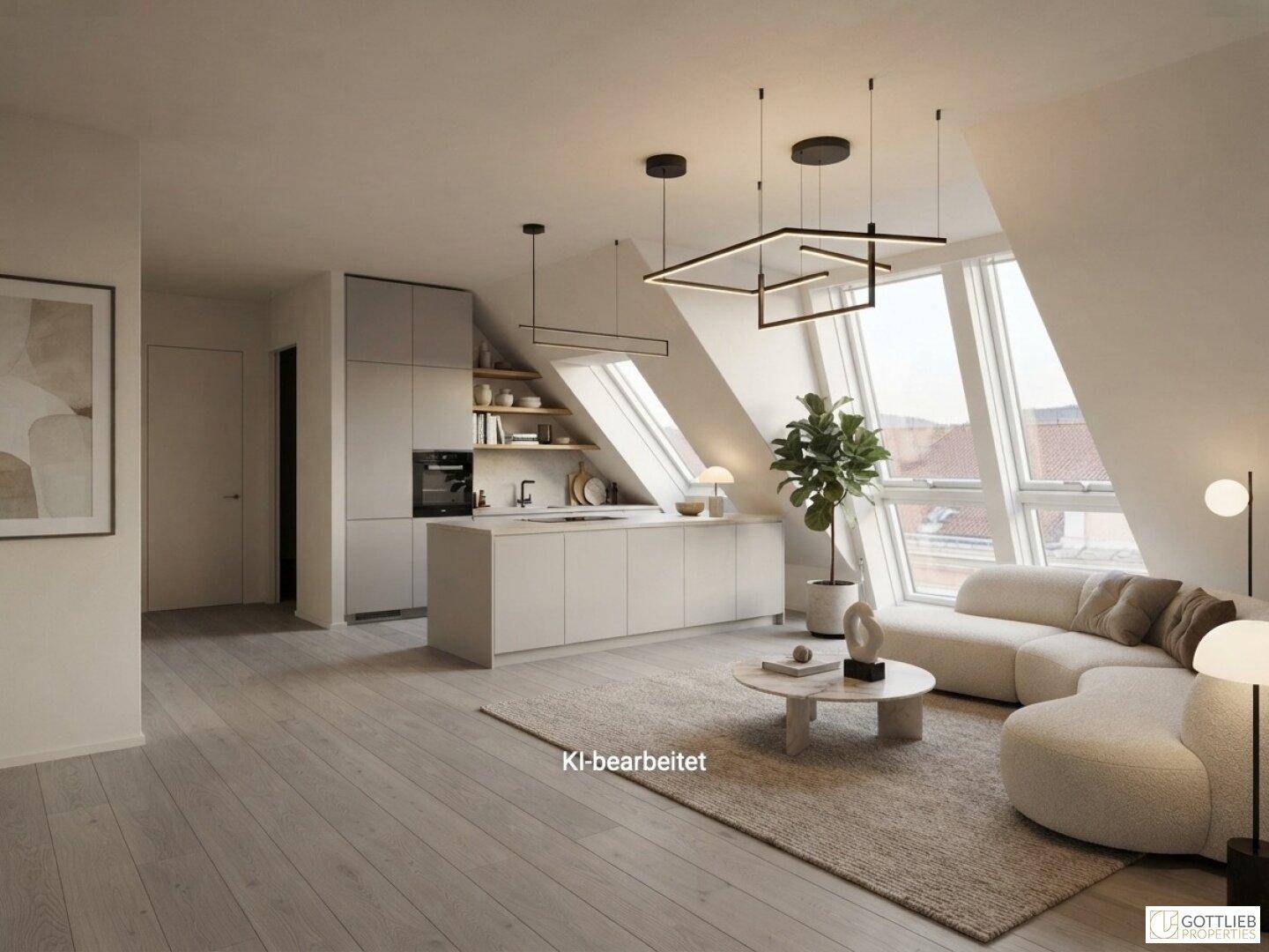 Moderner Wohn- und Kochbereich mit stilvoller Einrichtung und Dachschrägenfenstern in einem Penthouse.