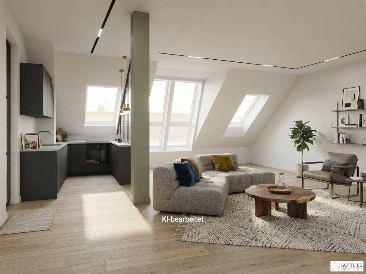 Gemütlicher Wohnbereich mit dunkler Küche und Holzboden unter Dachschrägen in einem modernen Apartment.