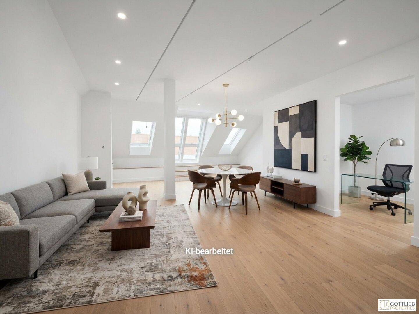 Geräumiger Wohn-Essbereich mit Holzboden und separatem Arbeitsbereich in einem hellen Apartment.