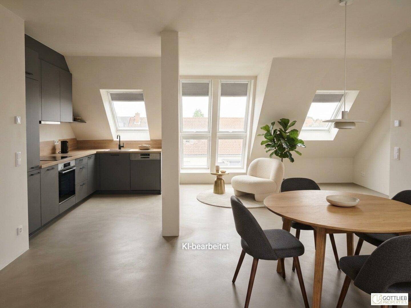 Moderne Küche mit Essbereich, Holzarbeitsplatte und Dachschrägenfenstern in einem Dachgeschossapartment.