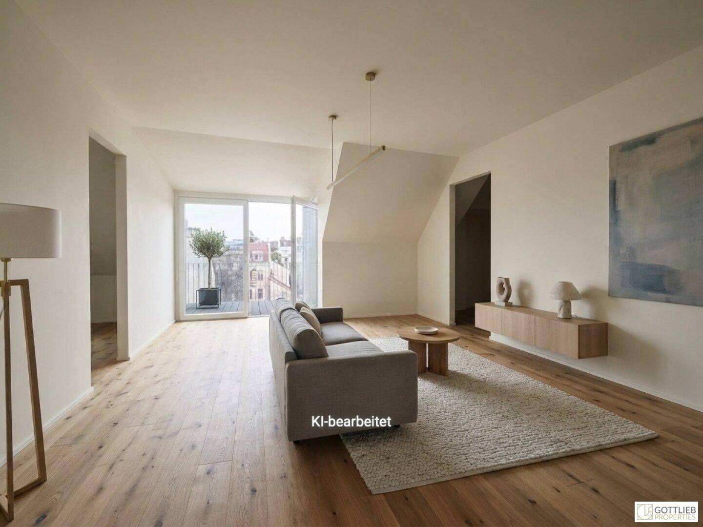 Helles Wohnzimmer mit Holzboden, moderner Einrichtung und Balkonzugang in einem Apartment.