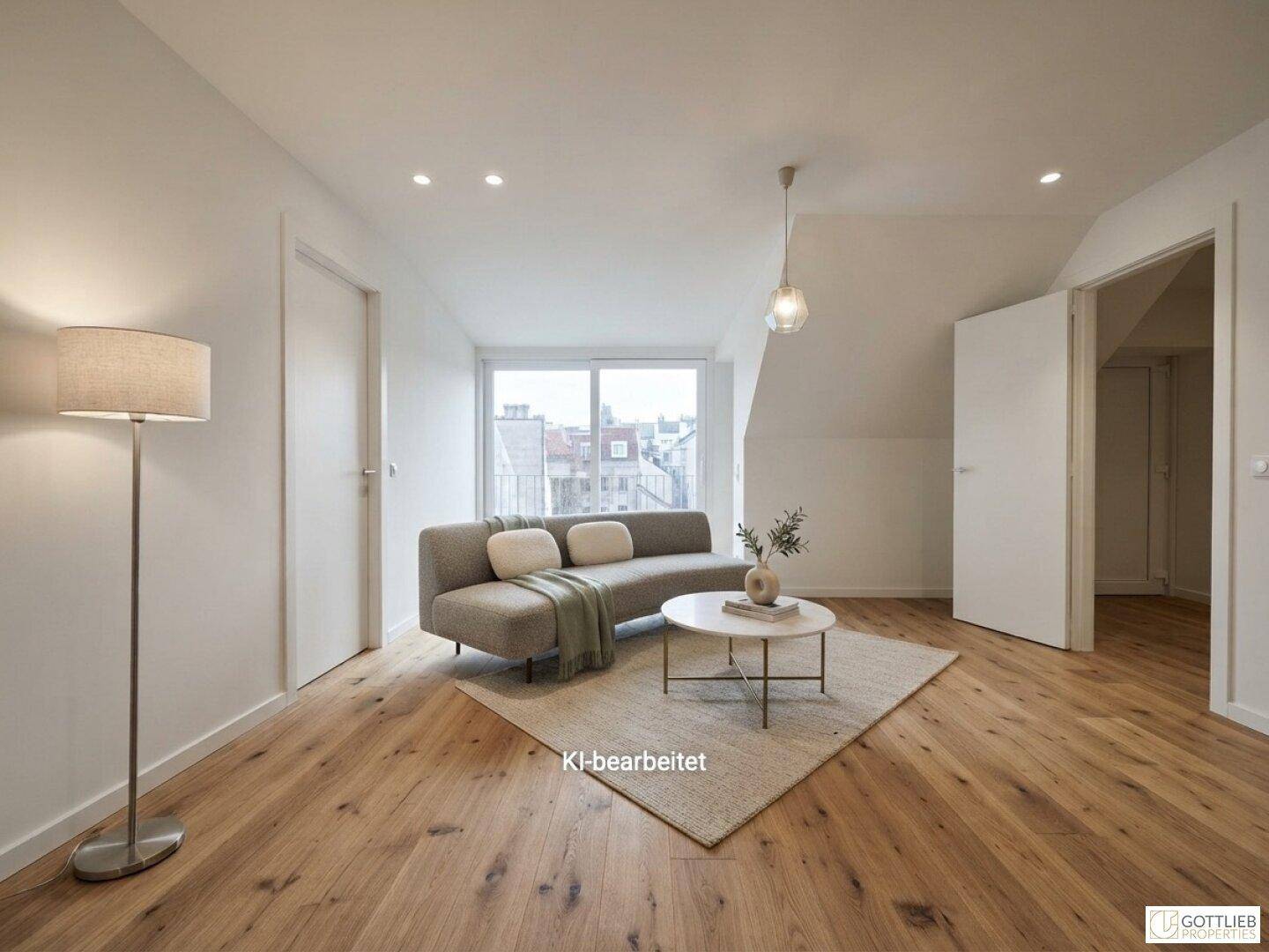Gemütliches Wohnzimmer mit Holzboden, Sofa und viel natürlichem Licht durch große Fenster.
