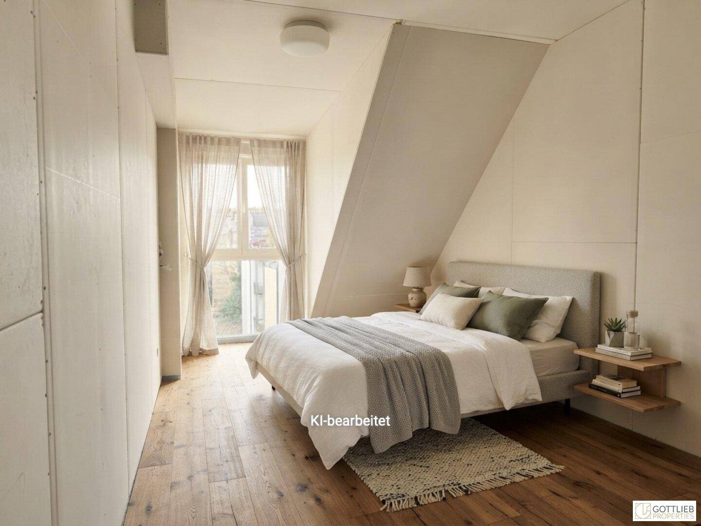 Helles Schlafzimmer mit Holzboden, Einbauschränken und Fenster mit Vorhängen unter Dachschrägen.