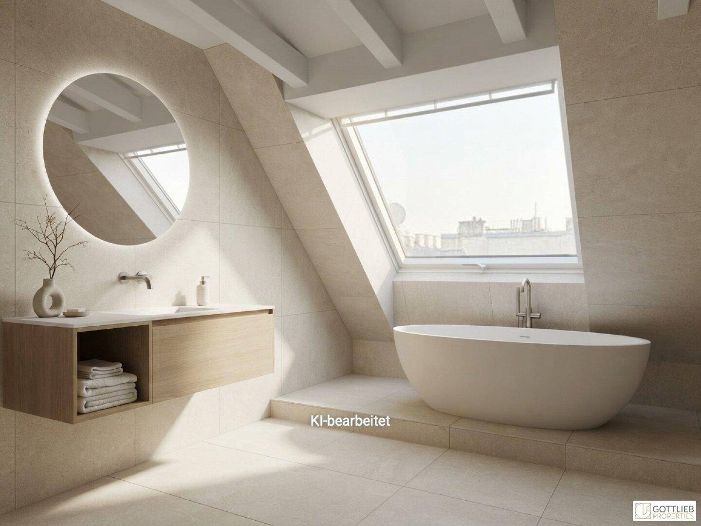Modernes Badezimmer mit freistehender Badewanne, Waschtisch und Dachfenster für natürliches Licht.