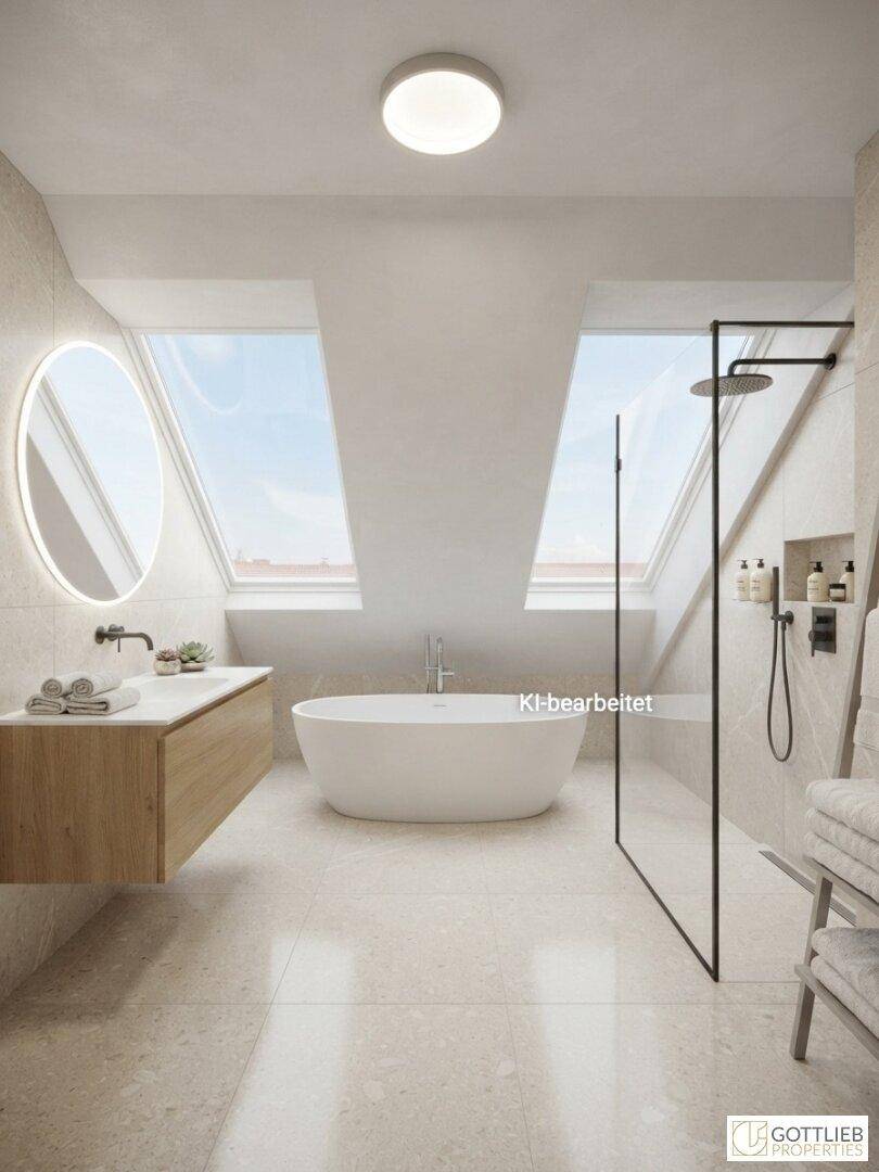 Elegantes Badezimmer mit freistehender Badewanne, Dusche und Dachfenstern in einem modernen Stil.