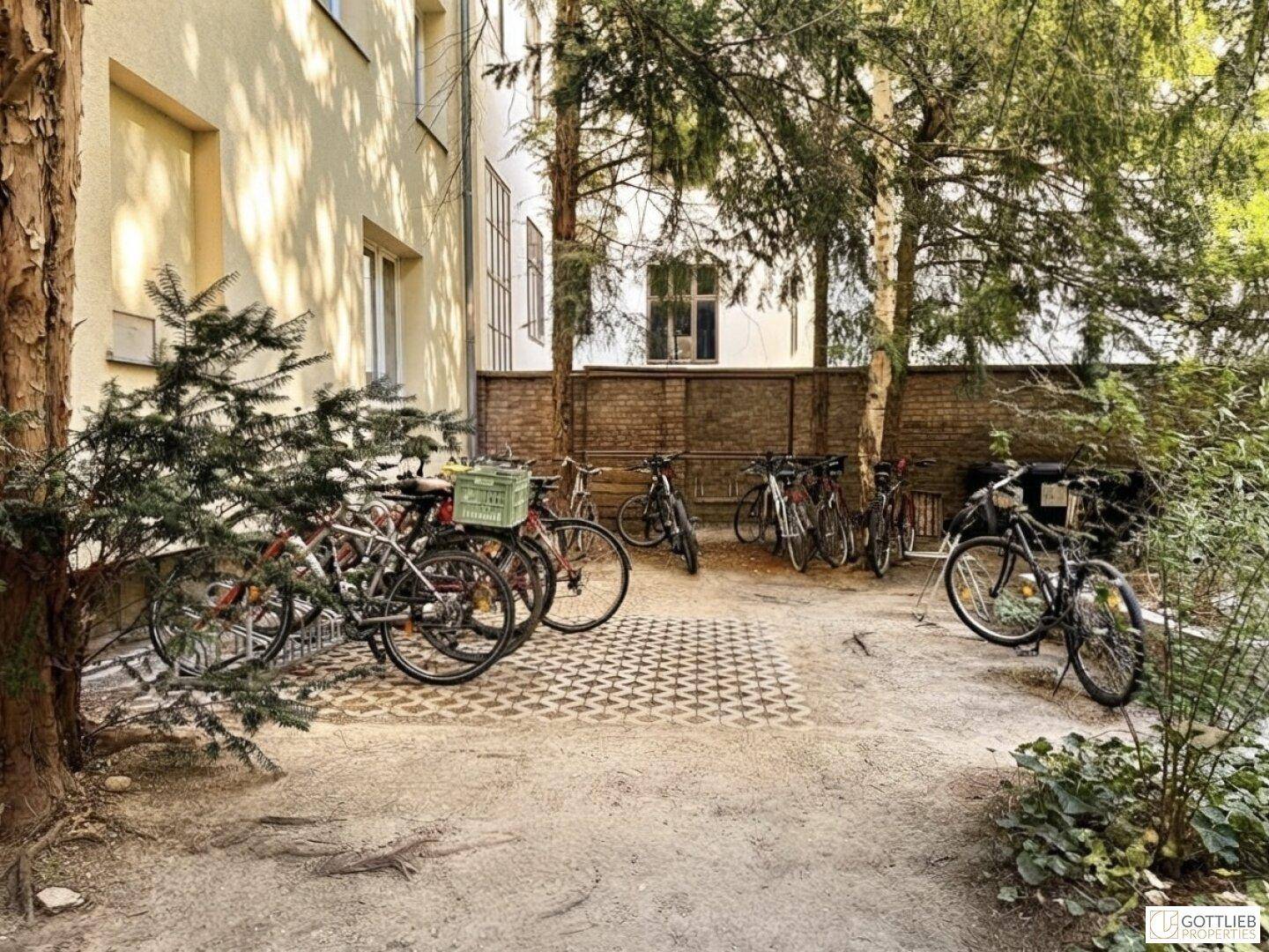 Außenbereich mit abgestellten Fahrrädern und Bäumen, Teil eines begrünten Innenhofs.