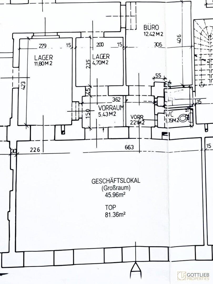 Grundriss eines Geschäftslokals mit Großraum, Büro, Lagerräumen und WC.
