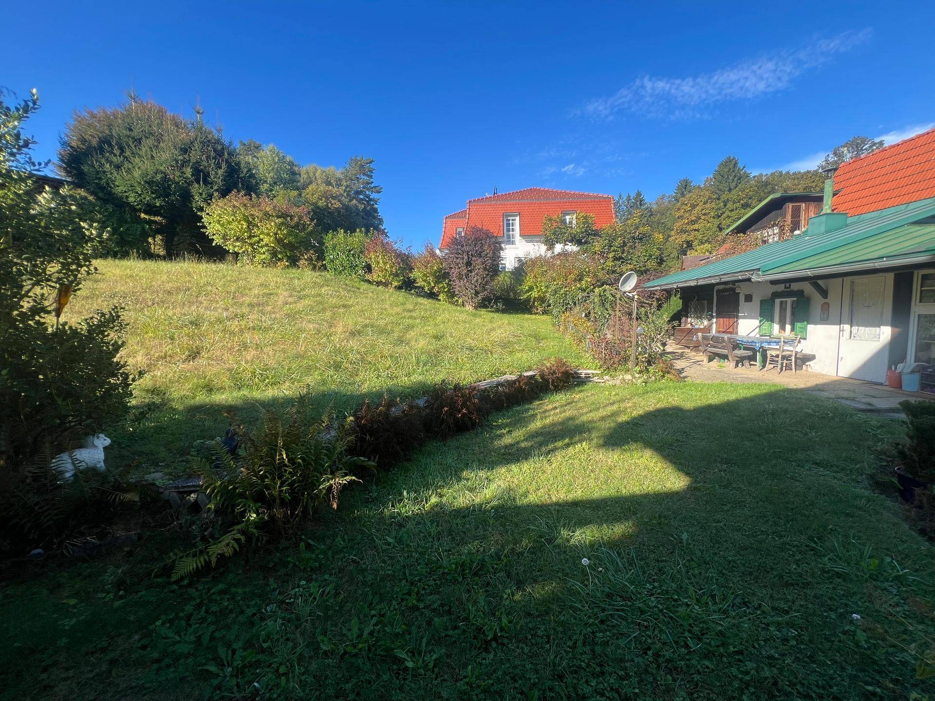Gepflegter Gartenbereich mit Rasen, Pflanzen und einem Haus mit grünem Dach sowie einer kleinen Sitzecke im Freien.
