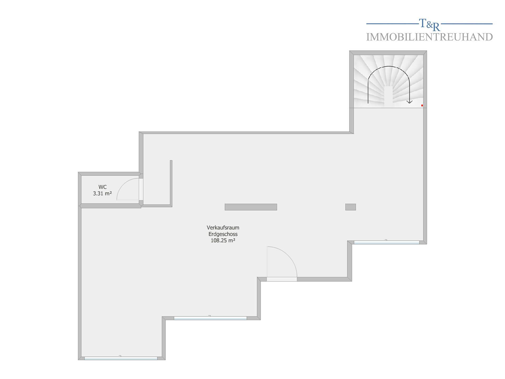 Grundriss des Erdgeschosses mit Verkaufsraum und WC, inklusive Treppenaufgang.