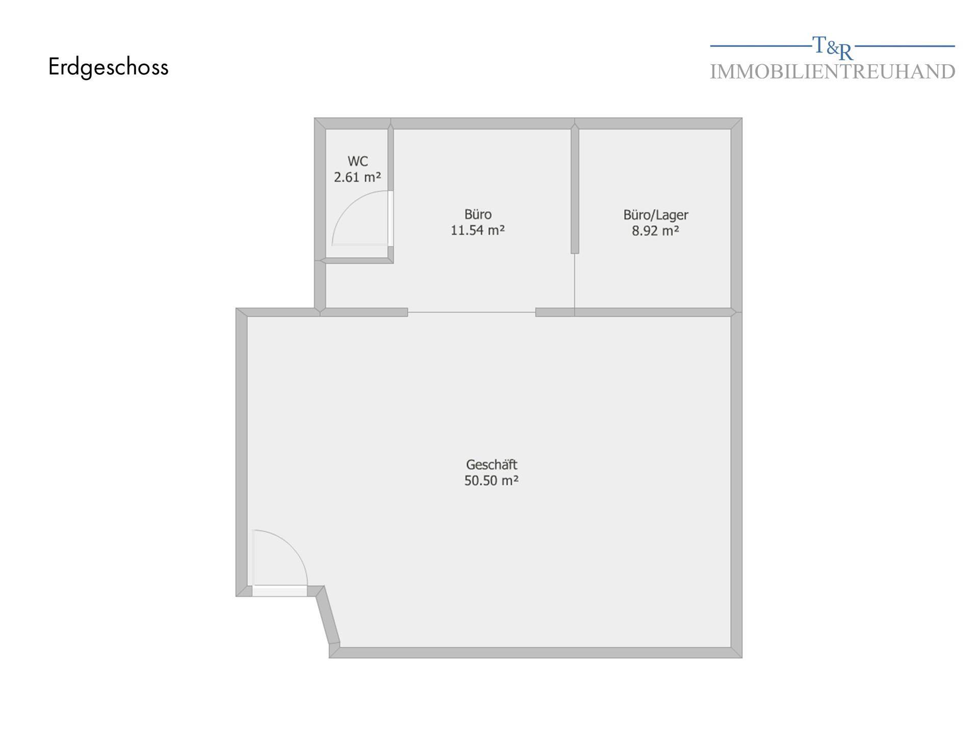 Grundriss des Erdgeschosses mit Ladenfläche, Büro, Lager und separatem WC.