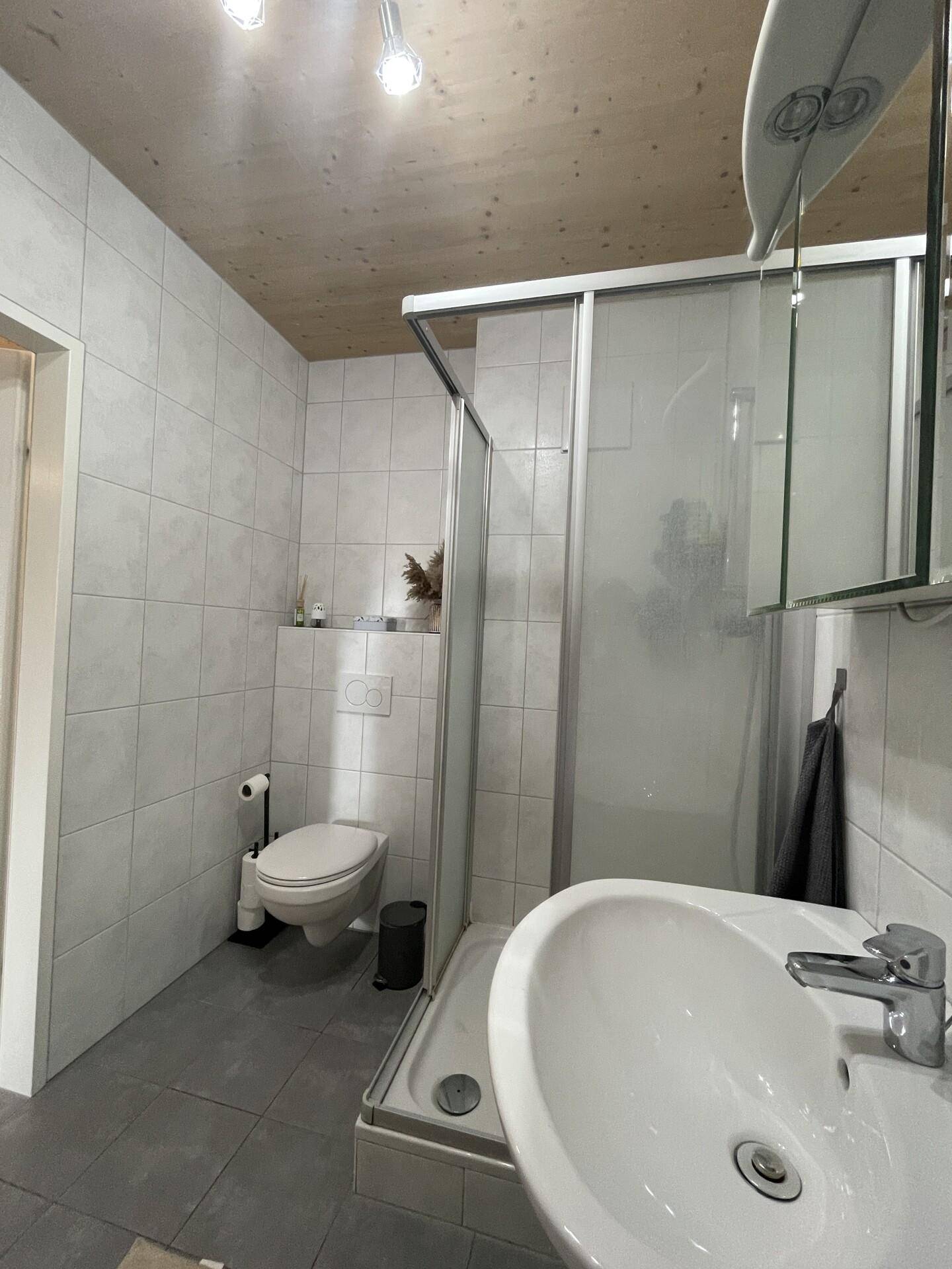 Helles Badezimmer mit Dusche, WC und Waschbecken.