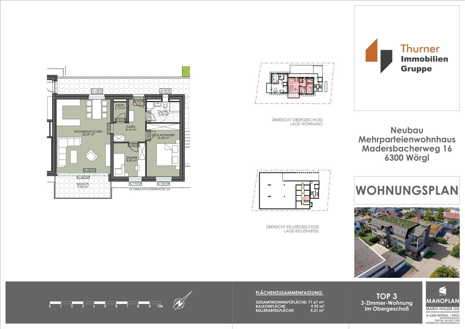 Übersichtlicher Grundriss einer 3-Zimmer-Wohnung mit offenem Wohnbereich, Balkon und Kellerabteil.